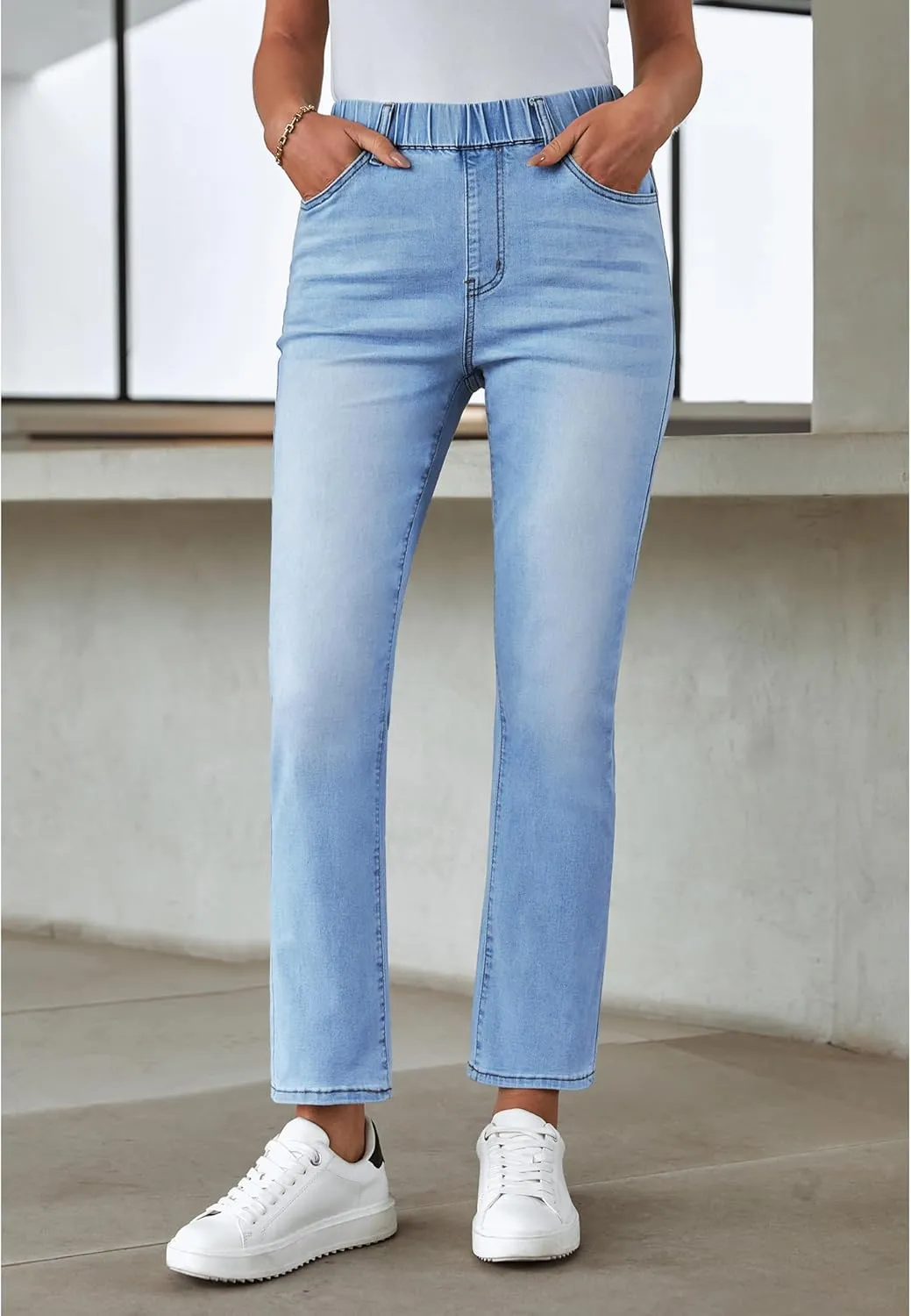 GRAPENT Straight Leg Jeans for Women Trendy Pull On High Waisted Cropped Elastic Waist Stretchy Denim Pants Ankle Jeans