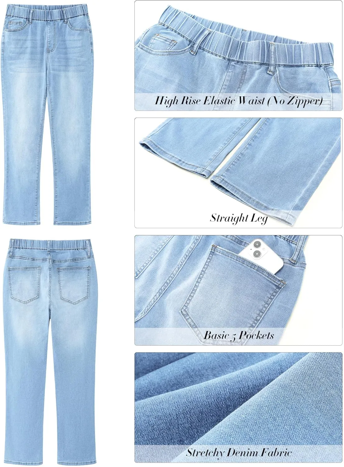 GRAPENT Straight Leg Jeans for Women Trendy Pull On High Waisted Cropped Elastic Waist Stretchy Denim Pants Ankle Jeans