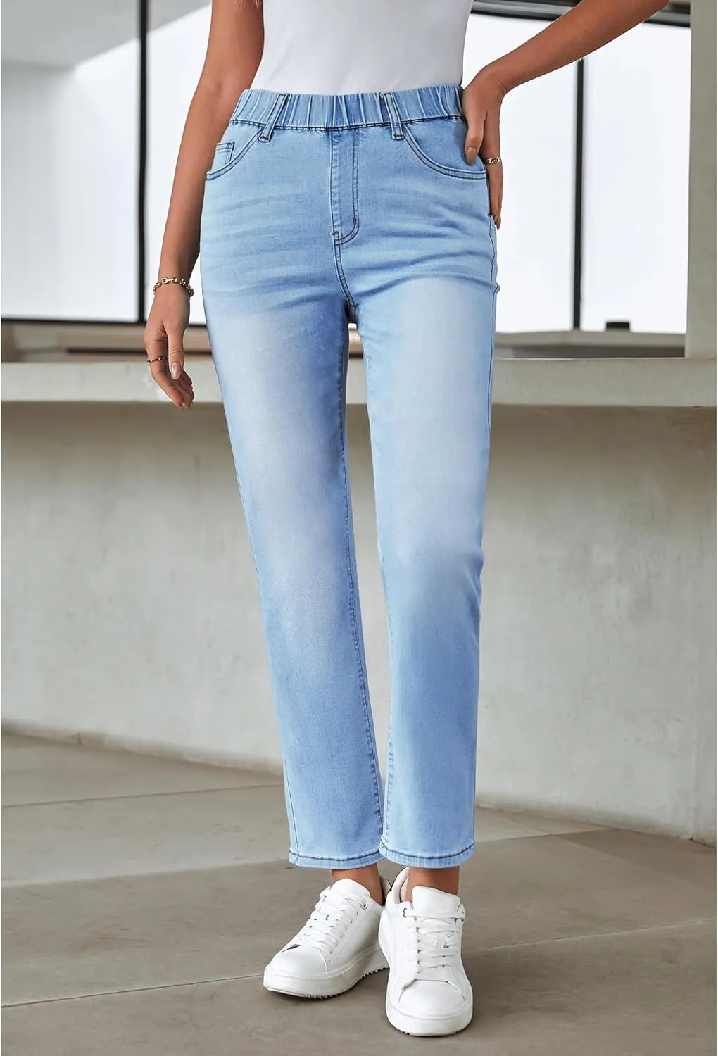 GRAPENT Straight Leg Jeans for Women Trendy Pull On High Waisted Cropped Elastic Waist Stretchy Denim Pants Ankle Jeans