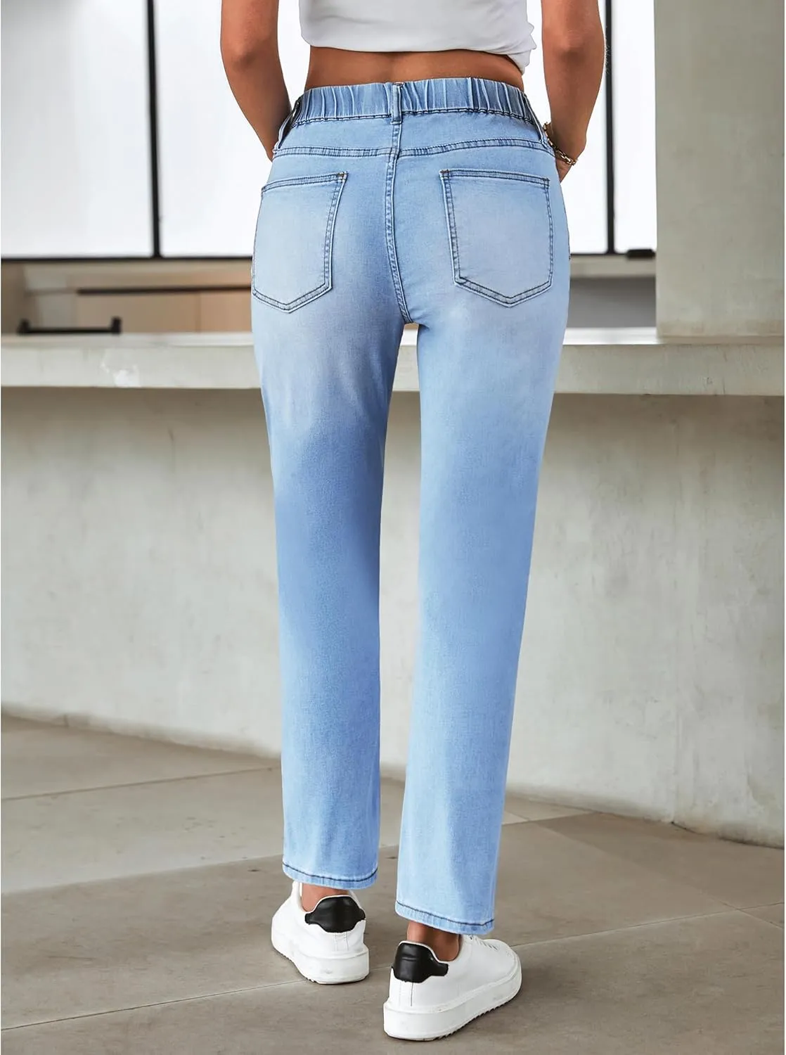 GRAPENT Straight Leg Jeans for Women Trendy Pull On High Waisted Cropped Elastic Waist Stretchy Denim Pants Ankle Jeans