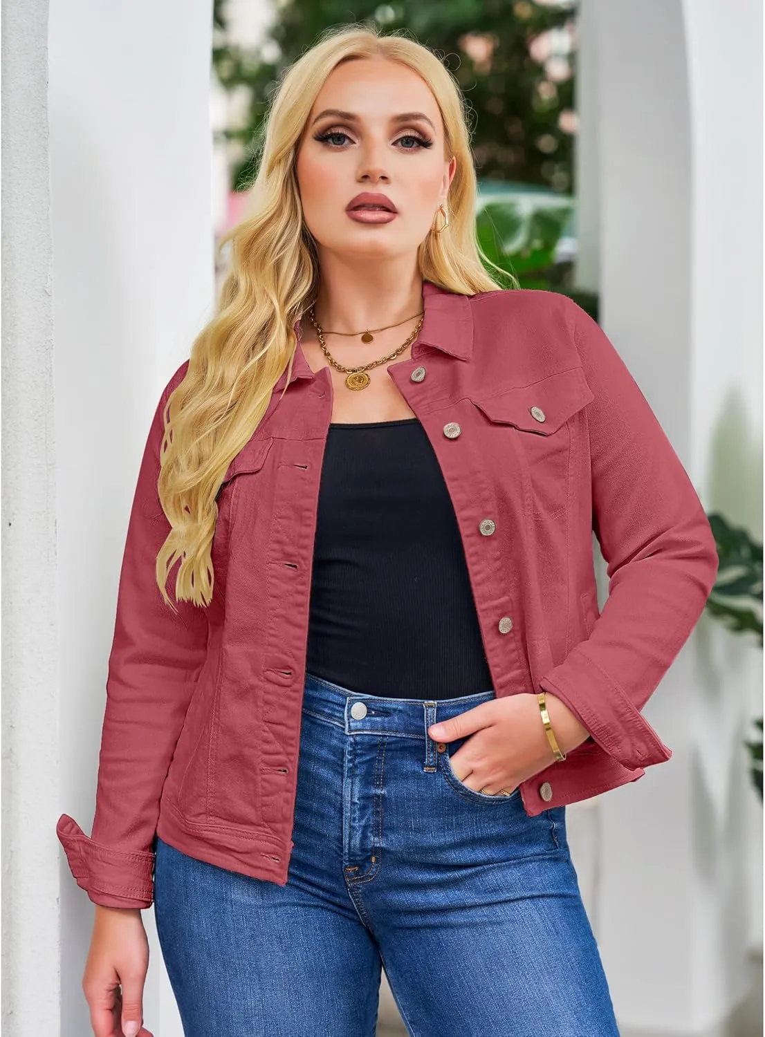 GRAPENT Women's Basic Button Down Long Sleeve Stretchy Jean Trucker Denim Jacket