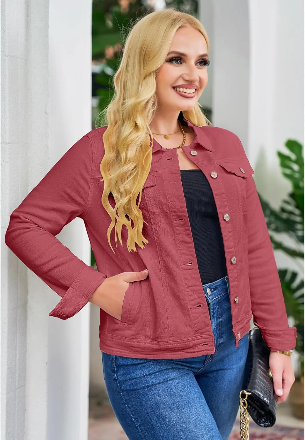 GRAPENT Women's Basic Button Down Long Sleeve Stretchy Jean Trucker Denim Jacket