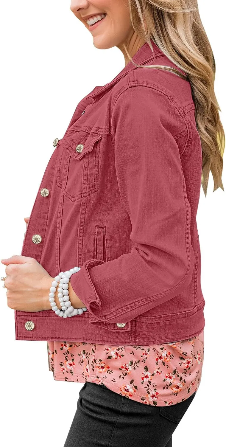 GRAPENT Women's Basic Button Down Long Sleeve Stretchy Jean Trucker Denim Jacket