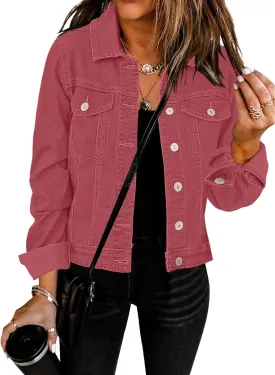 GRAPENT Women's Basic Button Down Long Sleeve Stretchy Jean Trucker Denim Jacket