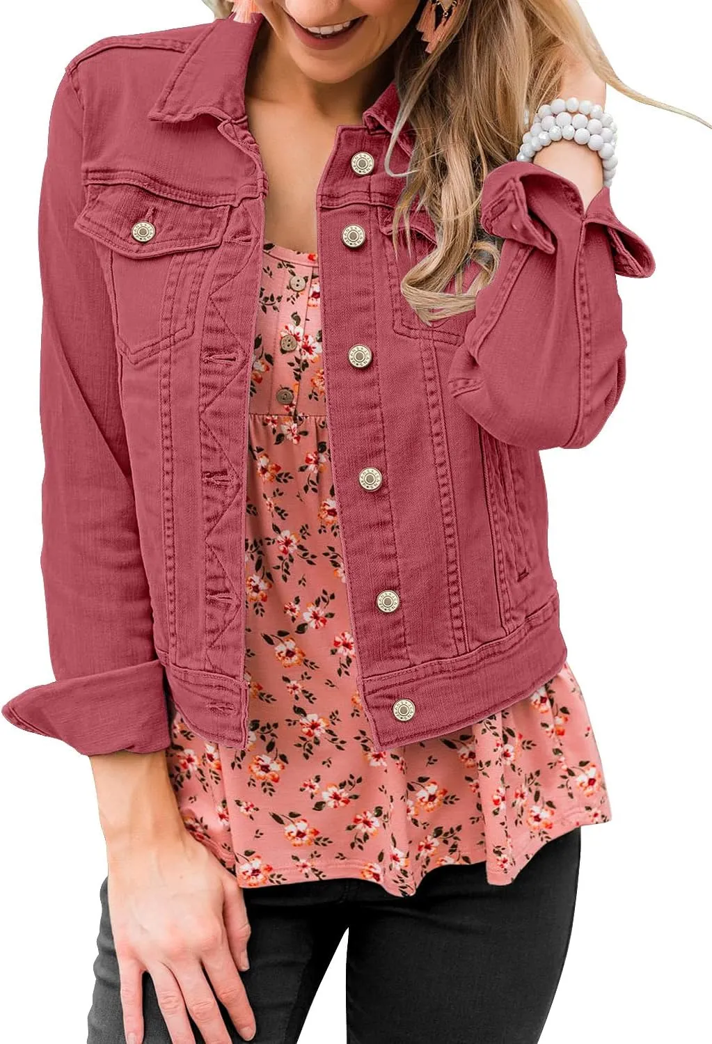GRAPENT Women's Basic Button Down Long Sleeve Stretchy Jean Trucker Denim Jacket