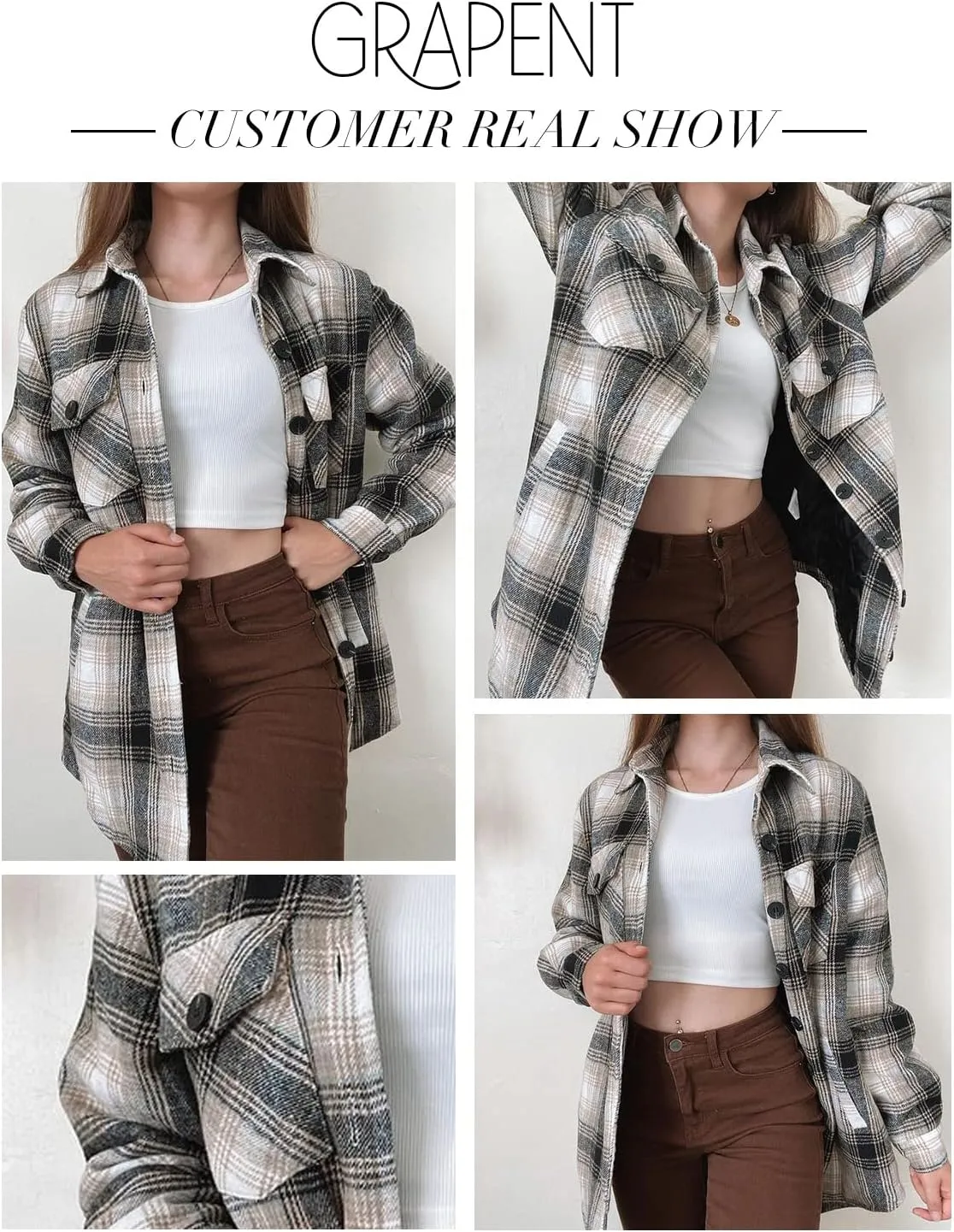 GRAPENT Women's Oversized Plaid Button Down Shirt Quilted Lined Shacket Jacket