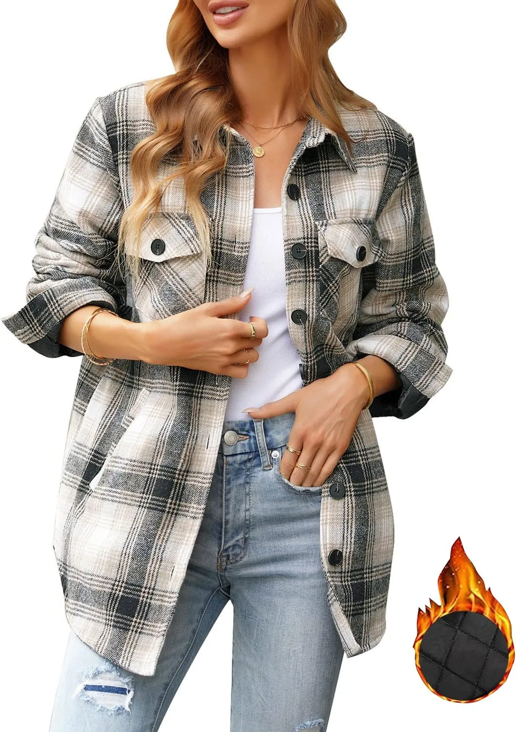 GRAPENT Women's Oversized Plaid Button Down Shirt Quilted Lined Shacket Jacket