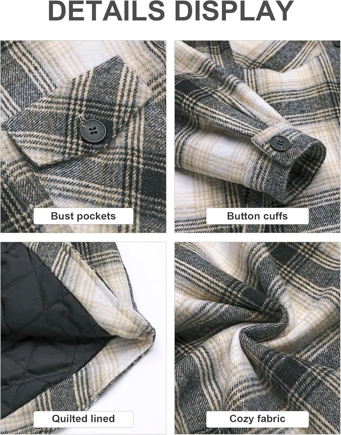 GRAPENT Women's Oversized Plaid Button Down Shirt Quilted Lined Shacket Jacket