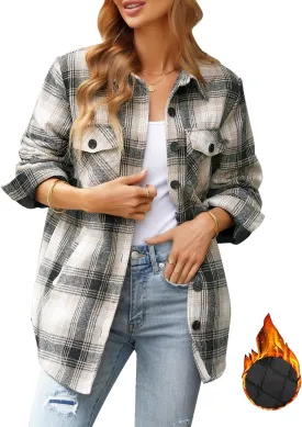 GRAPENT Women's Oversized Plaid Button Down Shirt Quilted Lined Shacket Jacket
