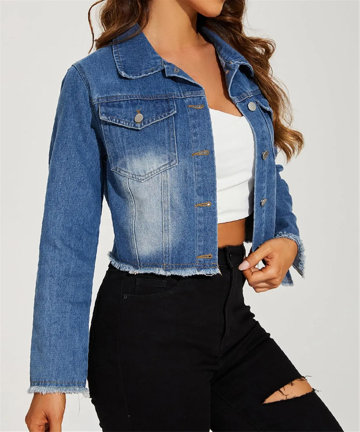HALITOSS Women's Button Down Raw Hem Cropped Frayed Denim Jacket Jean Coat