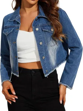 HALITOSS Women's Button Down Raw Hem Cropped Frayed Denim Jacket Jean Coat