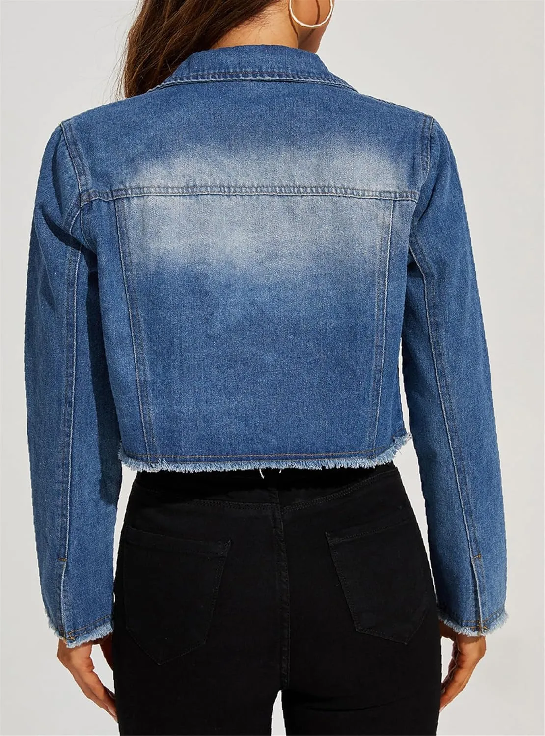 HALITOSS Women's Button Down Raw Hem Cropped Frayed Denim Jacket Jean Coat