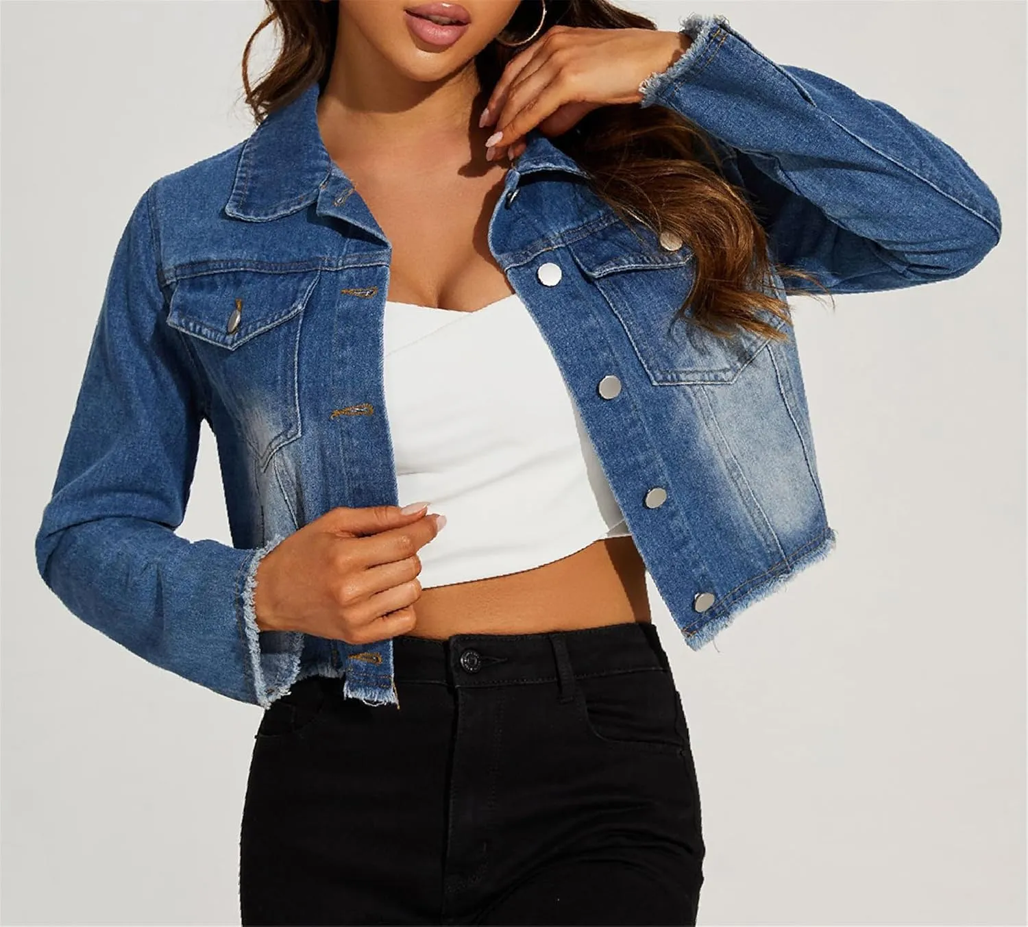 HALITOSS Women's Button Down Raw Hem Cropped Frayed Denim Jacket Jean Coat