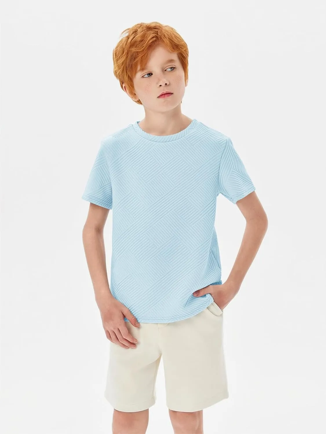Haloumoning Boys Geometric Texture T-Shirts Kids Fashion Crewneck Short Sleeve Loose Tops Tees 5-14 Years