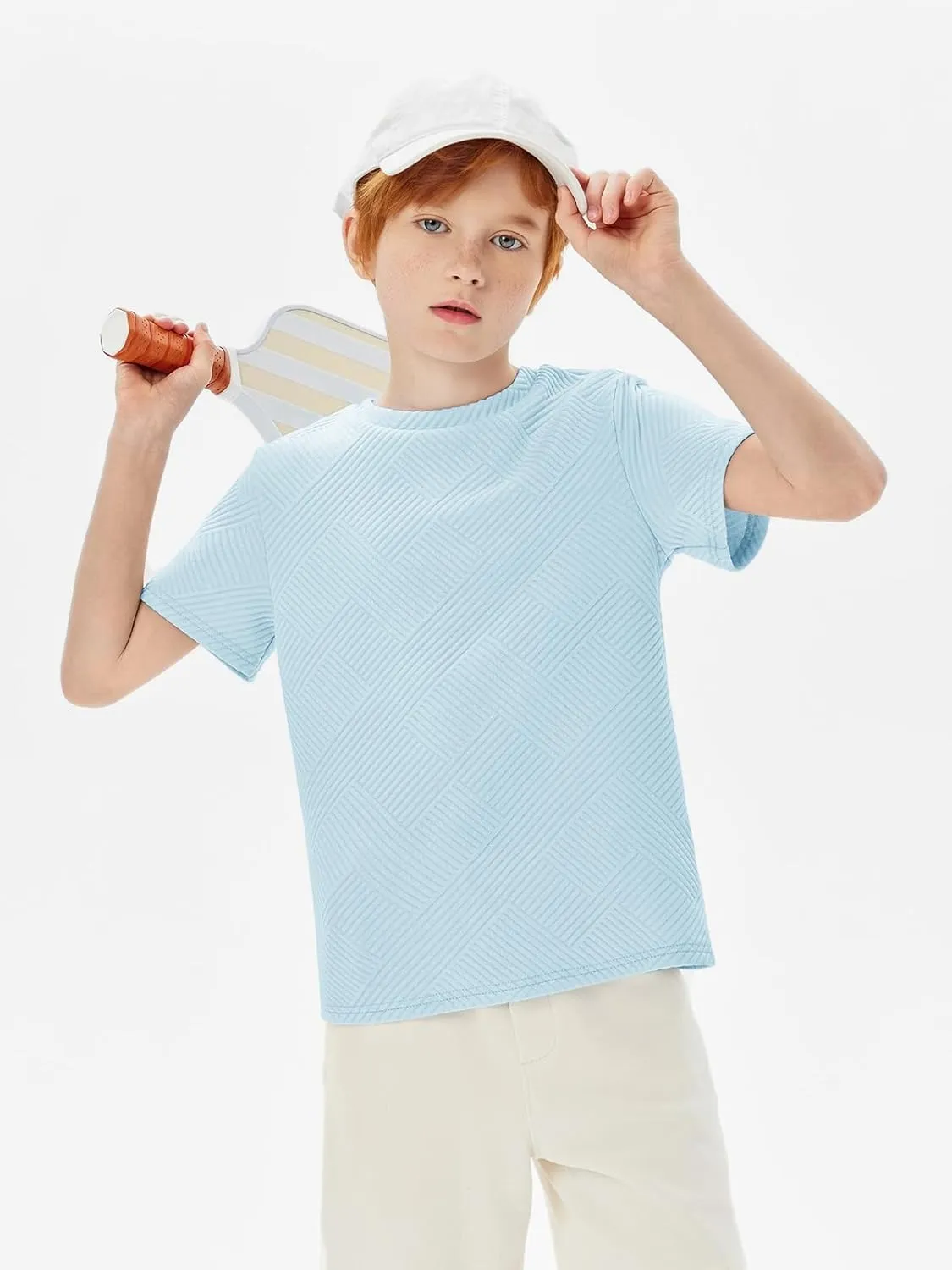 Haloumoning Boys Geometric Texture T-Shirts Kids Fashion Crewneck Short Sleeve Loose Tops Tees 5-14 Years