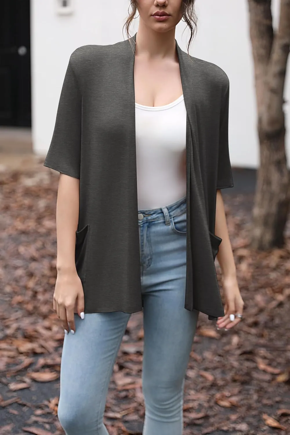 HIYIYEZI Women's Short Sleeve Open Front Cardigan Casual Loose Lightweight Cardigans with Pockets