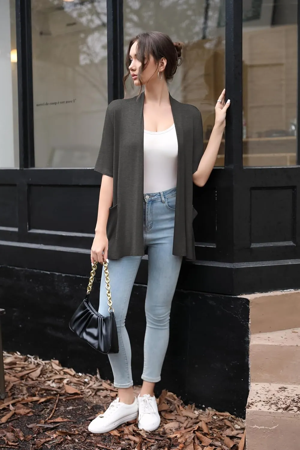 HIYIYEZI Women's Short Sleeve Open Front Cardigan Casual Loose Lightweight Cardigans with Pockets