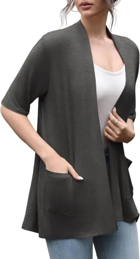 HIYIYEZI Women's Short Sleeve Open Front Cardigan Casual Loose Lightweight Cardigans with Pockets