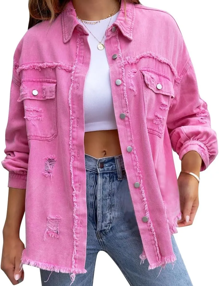 IDOPIP Denim Jacket for Women Distressed Ripped Jean Jackets Long Sleeve Casual Button Down Frayed Trucker Shacket Shirts