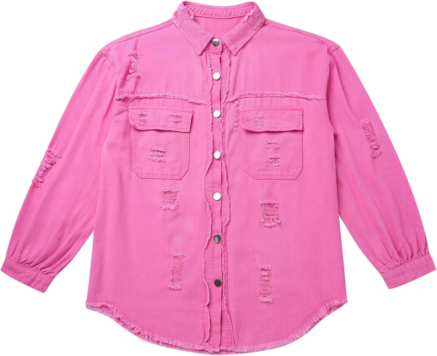 IDOPIP Denim Jacket for Women Distressed Ripped Jean Jackets Long Sleeve Casual Button Down Frayed Trucker Shacket Shirts