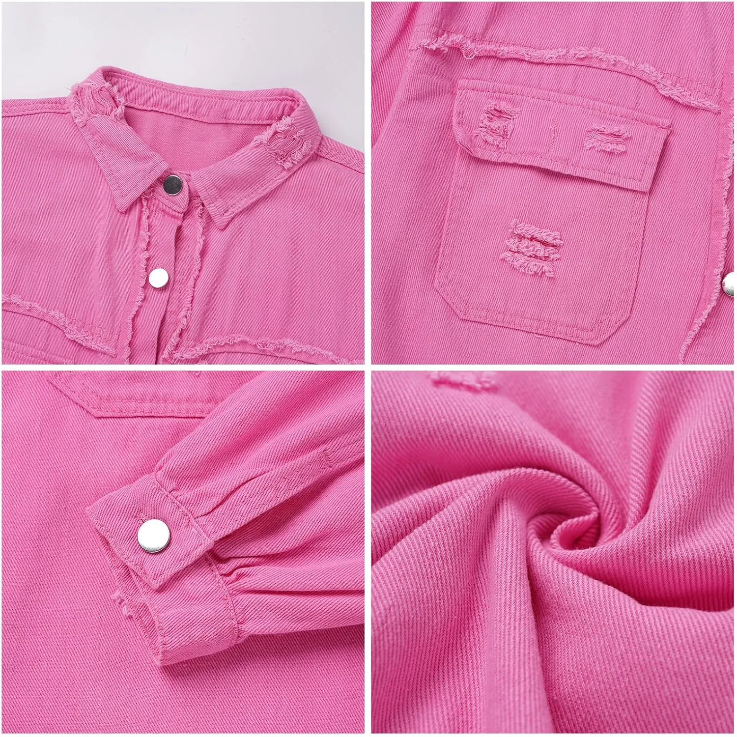 IDOPIP Denim Jacket for Women Distressed Ripped Jean Jackets Long Sleeve Casual Button Down Frayed Trucker Shacket Shirts