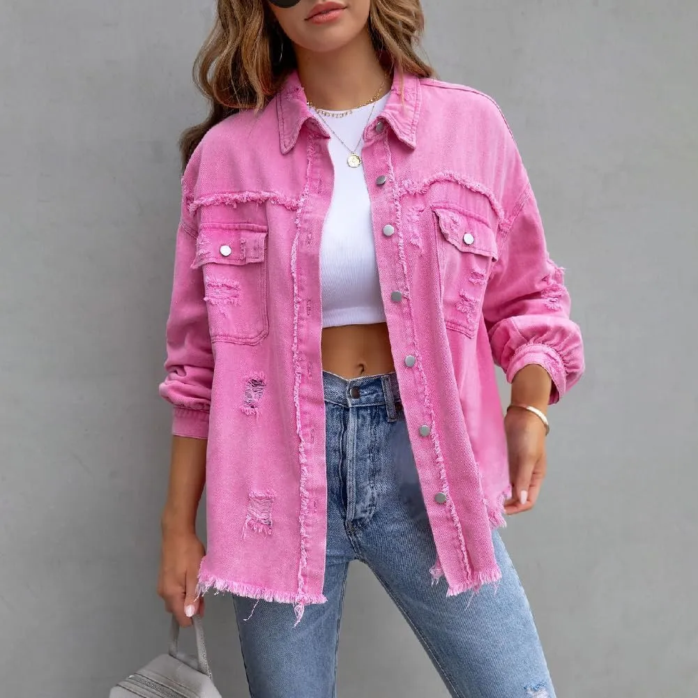 IDOPIP Denim Jacket for Women Distressed Ripped Jean Jackets Long Sleeve Casual Button Down Frayed Trucker Shacket Shirts