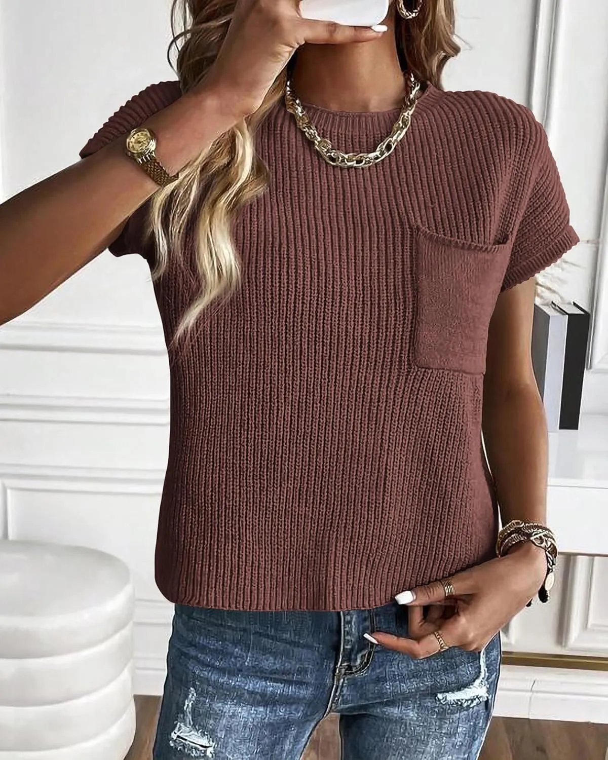 KIRUNDO Short Sleeve Sweater for Women 2025 Casual Sweater Vest Cotton Knit Pullover Tank Tops Trendy Spring Summer Outfits