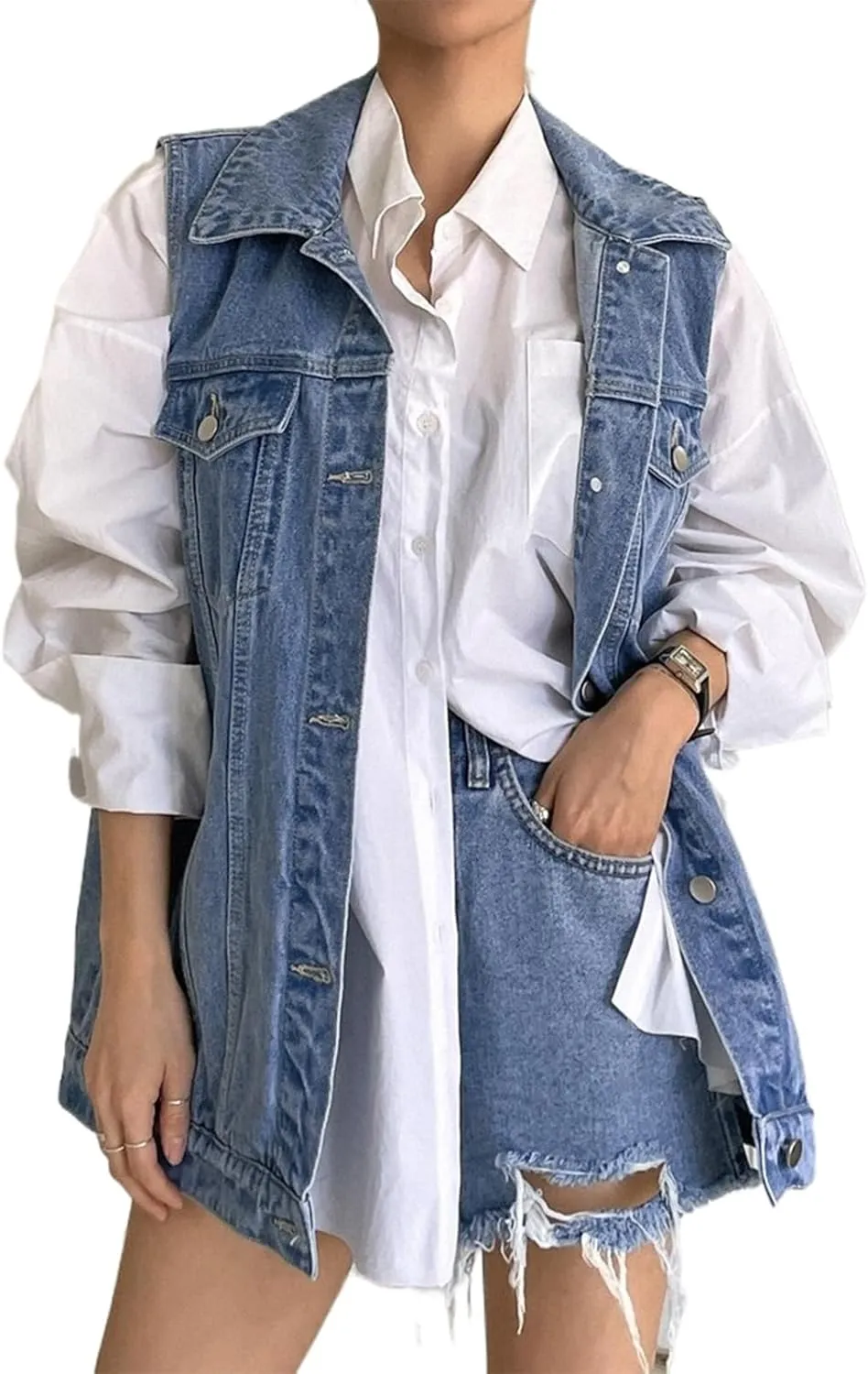 Lachmose Women for Jean Jackets Fashion Sleeveless Button Down Denim Jacket Western Shacket Jacket with Pockets