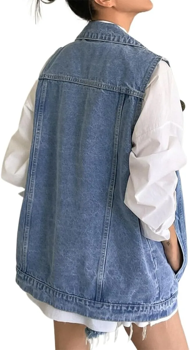 Lachmose Women for Jean Jackets Fashion Sleeveless Button Down Denim Jacket Western Shacket Jacket with Pockets