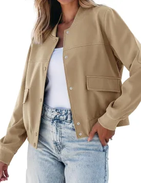 luvamia Bomber Jackets for Women Fall Casual Button Down Long Sleeves Trendy Varsity Jacket Outerwear Coat with Pockets