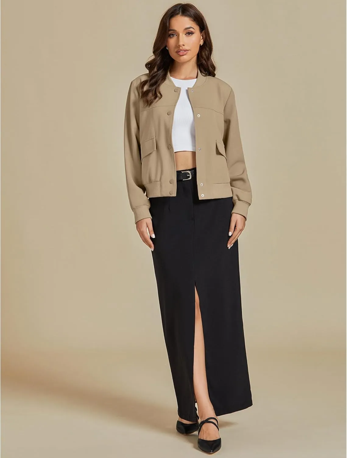 luvamia Bomber Jackets for Women Fall Casual Button Down Long Sleeves Trendy Varsity Jacket Outerwear Coat with Pockets