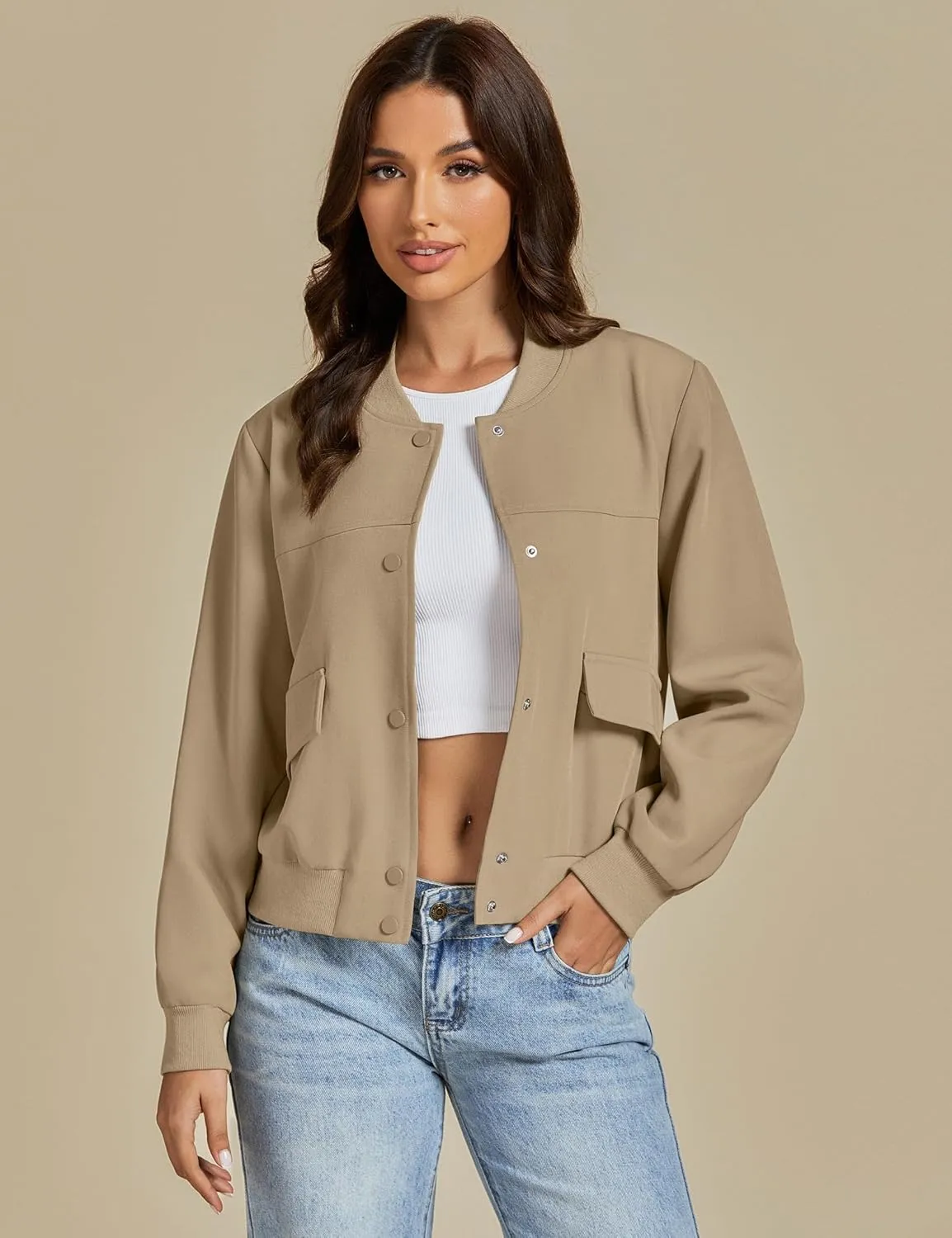 luvamia Bomber Jackets for Women Fall Casual Button Down Long Sleeves Trendy Varsity Jacket Outerwear Coat with Pockets
