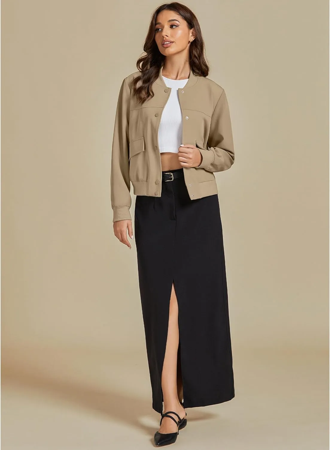 luvamia Bomber Jackets for Women Fall Casual Button Down Long Sleeves Trendy Varsity Jacket Outerwear Coat with Pockets