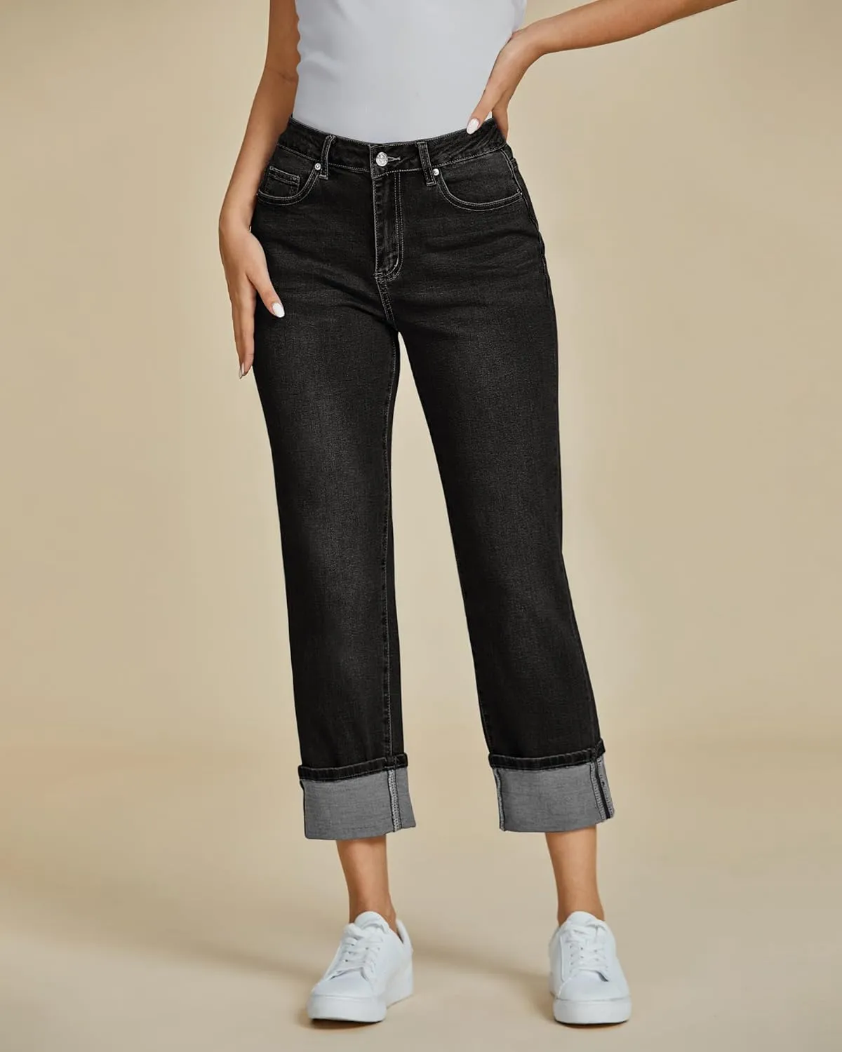 luvamia Straight Leg Jeans for Women Trendy Cropped High Waisted Cuffed Hem Stretchy Boyfriend Capri Jeans with Pockets