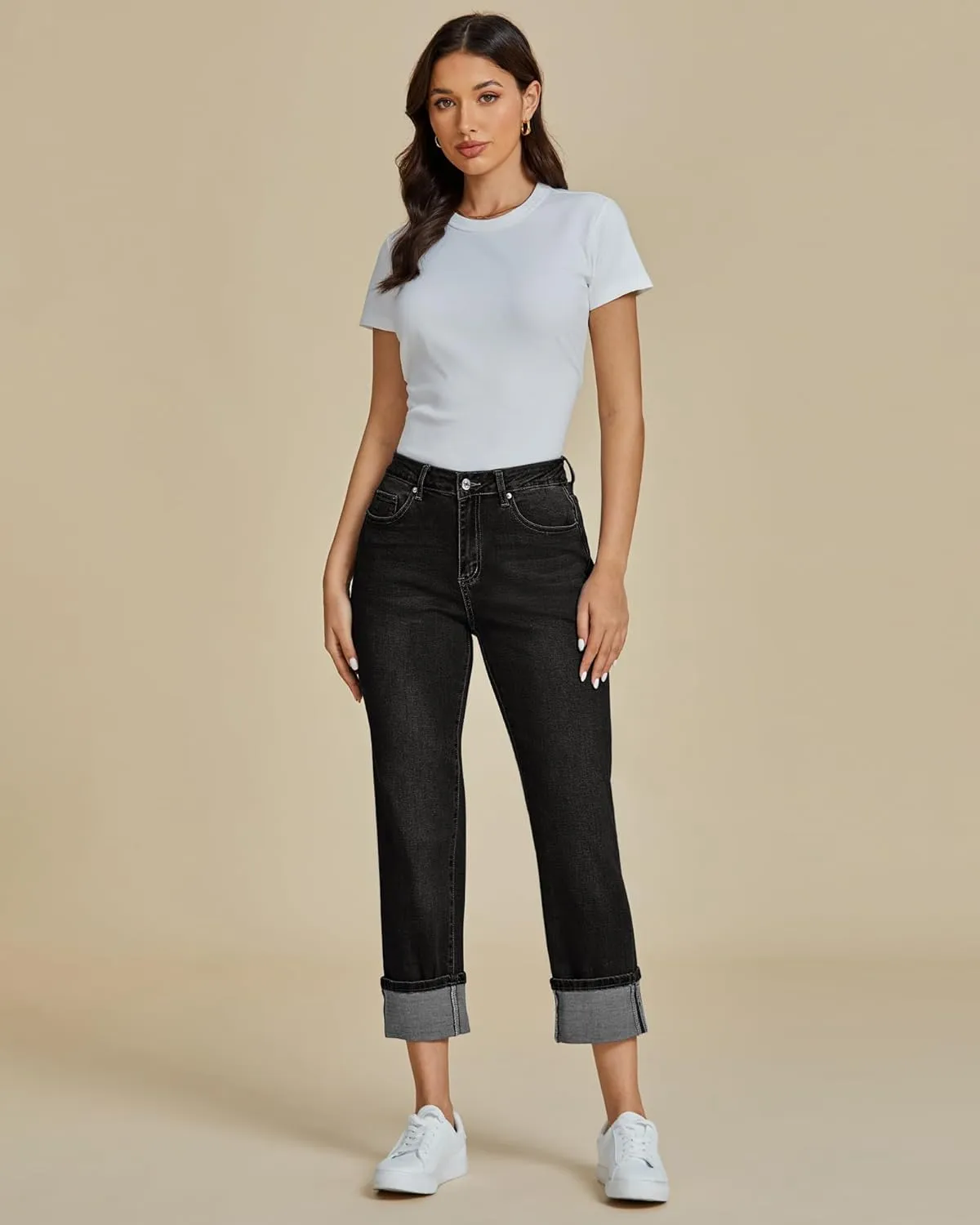 luvamia Straight Leg Jeans for Women Trendy Cropped High Waisted Cuffed Hem Stretchy Boyfriend Capri Jeans with Pockets