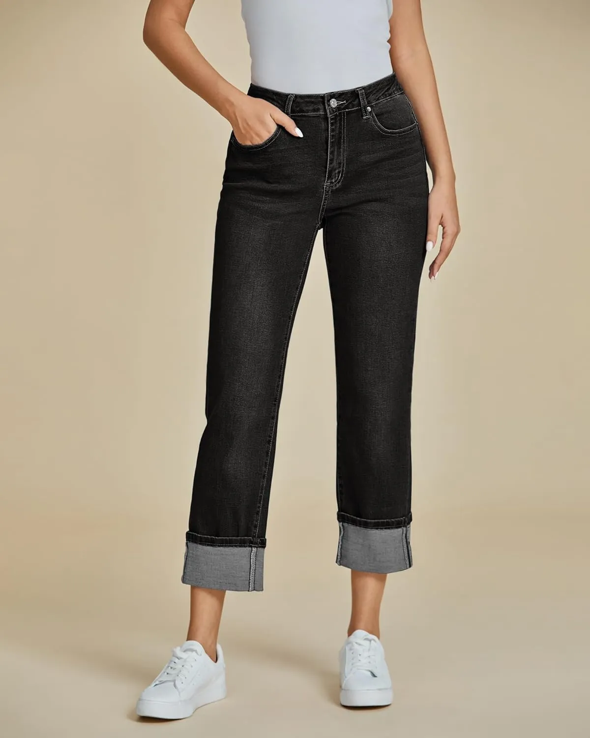 luvamia Straight Leg Jeans for Women Trendy Cropped High Waisted Cuffed Hem Stretchy Boyfriend Capri Jeans with Pockets