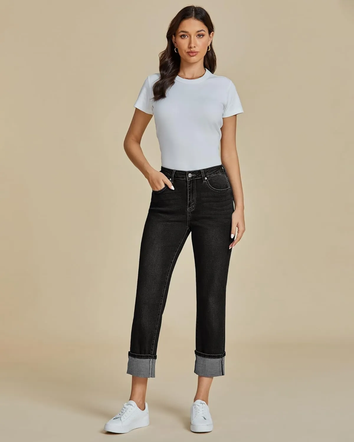 luvamia Straight Leg Jeans for Women Trendy Cropped High Waisted Cuffed Hem Stretchy Boyfriend Capri Jeans with Pockets