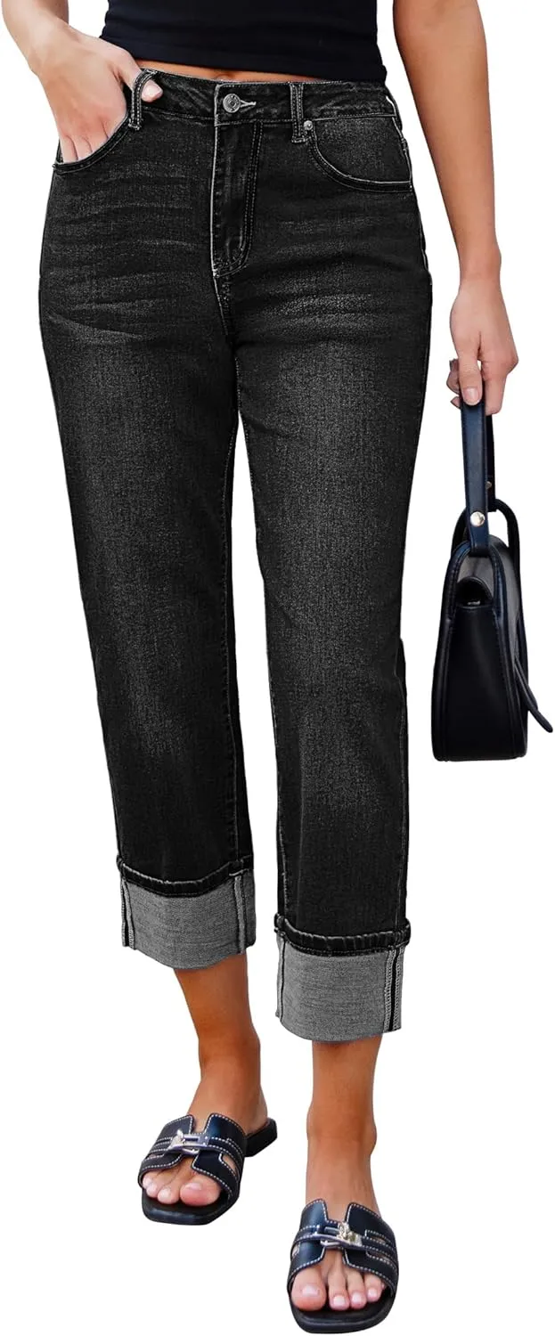 luvamia Straight Leg Jeans for Women Trendy Cropped High Waisted Cuffed Hem Stretchy Boyfriend Capri Jeans with Pockets