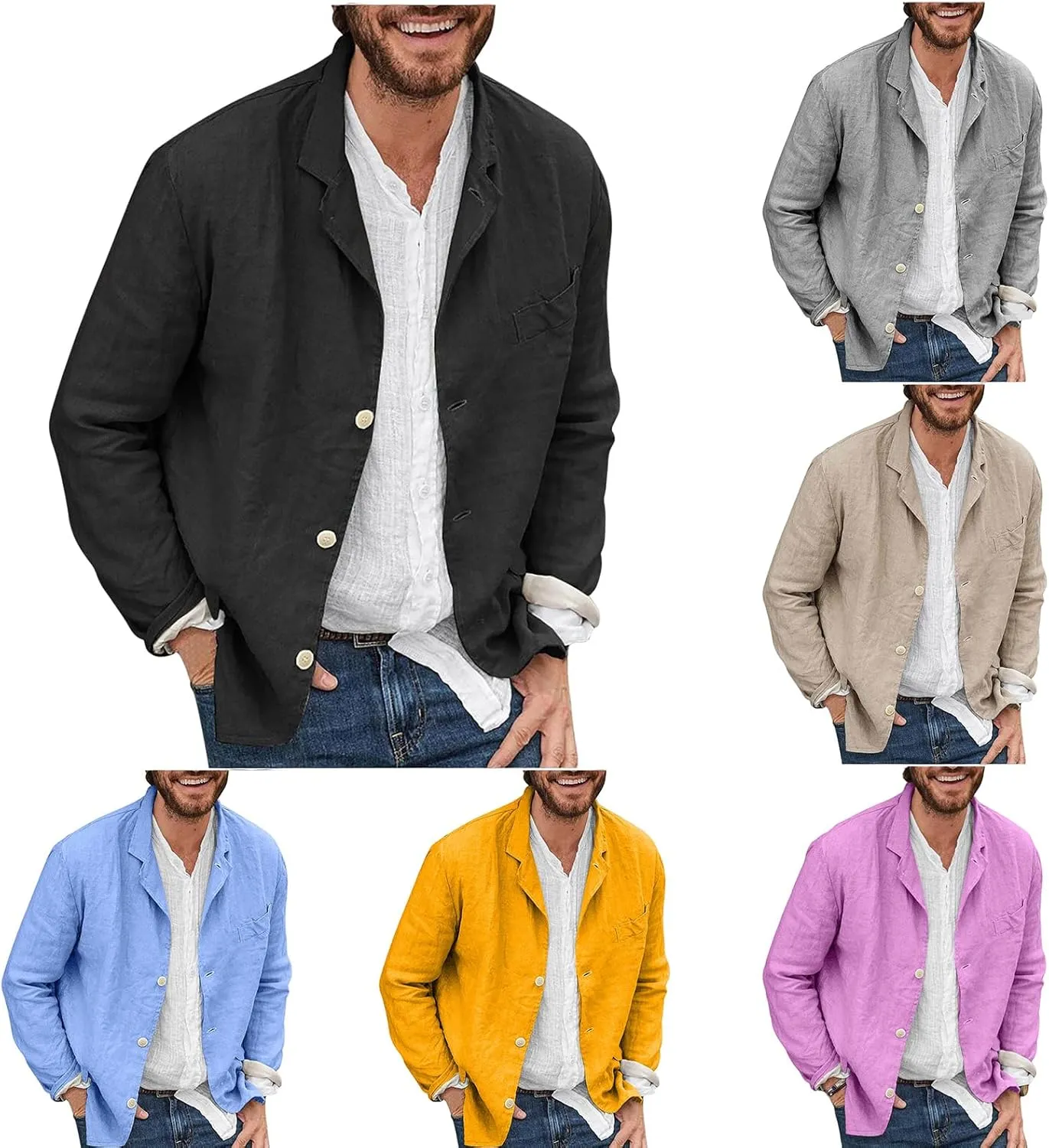 Men's Casual Shirt Jacket Cotton Linen Shacket Loose Fit Long Sleeve Button-Down Overshirt Soft Lightweight Work Coat