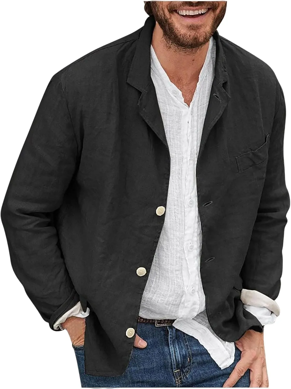Men's Casual Shirt Jacket Cotton Linen Shacket Loose Fit Long Sleeve Button-Down Overshirt Soft Lightweight Work Coat