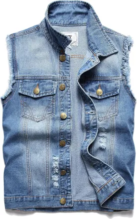 Men's Denim Vest,Sleeveless Jacket Slim Fit Vintage Casual Ripped Summer Jean Vest for Men