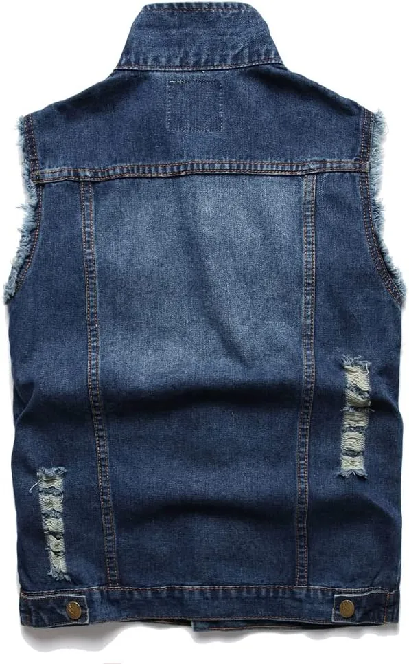 Men's Denim Vest,Sleeveless Jacket Slim Fit Vintage Casual Ripped Summer Jean Vest for Men