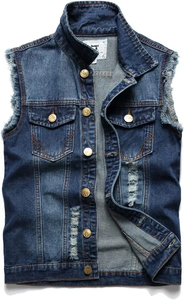 Men's Denim Vest,Sleeveless Jacket Slim Fit Vintage Casual Ripped Summer Jean Vest for Men