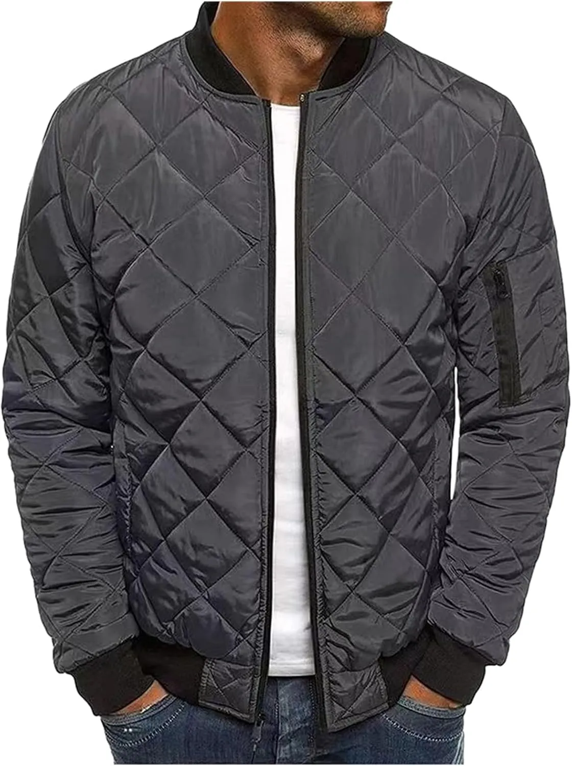 Mens Flight Bomber Jacket Relaxed Fit Diamond Quilted Varsity Jackets Fall Winter Lightweight Padded Coat Outwear