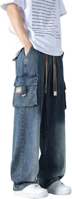Men's Summer Straight Jeans Multi-Pockets Wide Leg Denim Cargo Pants Lightweight Baggy Jeans Trousers