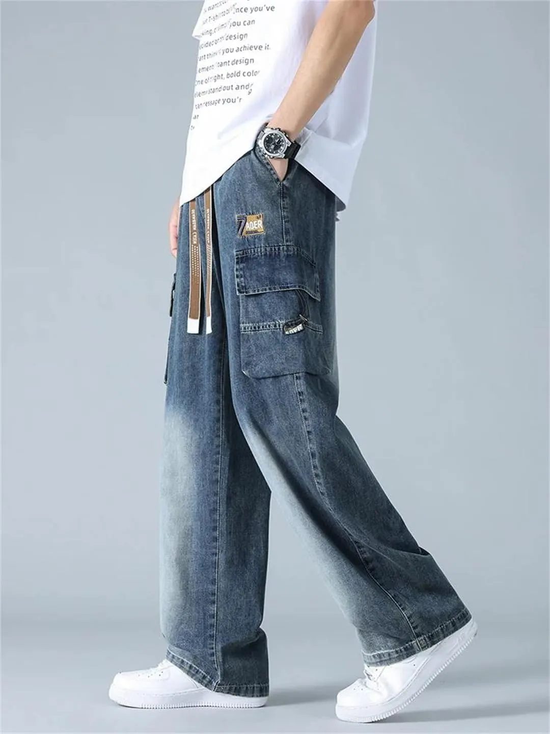 Men's Summer Straight Jeans Multi-Pockets Wide Leg Denim Cargo Pants Lightweight Baggy Jeans Trousers
