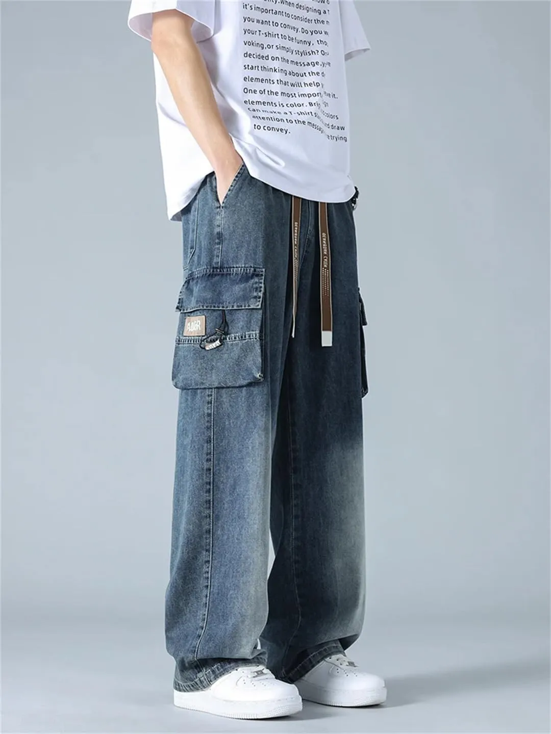 Men's Summer Straight Jeans Multi-Pockets Wide Leg Denim Cargo Pants Lightweight Baggy Jeans Trousers