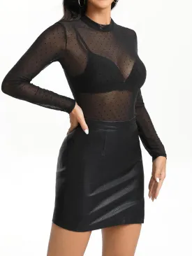 Mesh Top for Women Long Sleeve Mock Neck Mesh Shirt Sheer Top Solid Floral Tee Shirts S-XXL