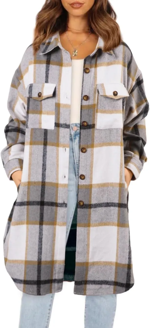 NIeyook Plaid Shacket Jacket Women Button Down Long Flannel Shirt Fall Oversized Jackets Casual Shaket Lapel Winter Coats