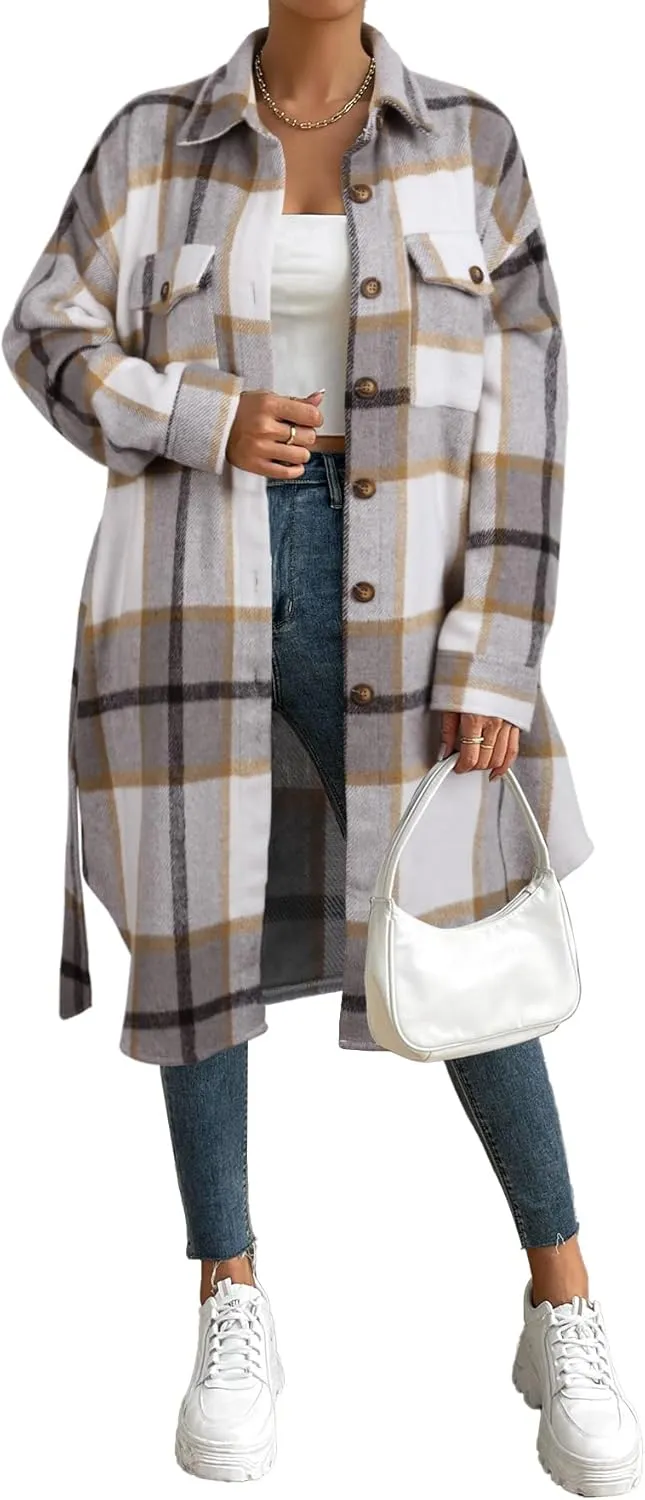 NIeyook Plaid Shacket Jacket Women Button Down Long Flannel Shirt Fall Oversized Jackets Casual Shaket Lapel Winter Coats